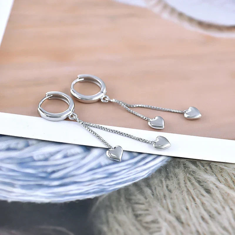 925 Sterling Silver Long Tassel two Heart Hoop Earrings. - YeYesJewelryDesign