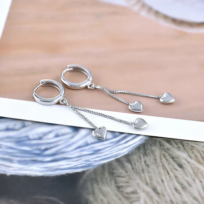 925 Sterling Silver Long Tassel two Heart Hoop Earrings. - YeYesJewelryDesign