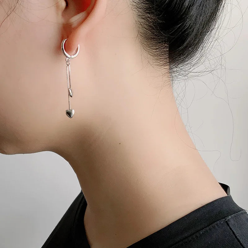 925 Sterling Silver Long Tassel two Heart Hoop Earrings. - YeYesJewelryDesign