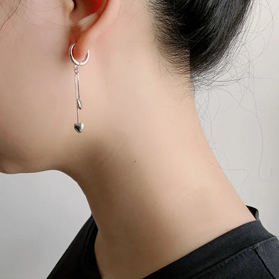 925 Sterling Silver Long Tassel two Heart Hoop Earrings. - YeYesJewelryDesign