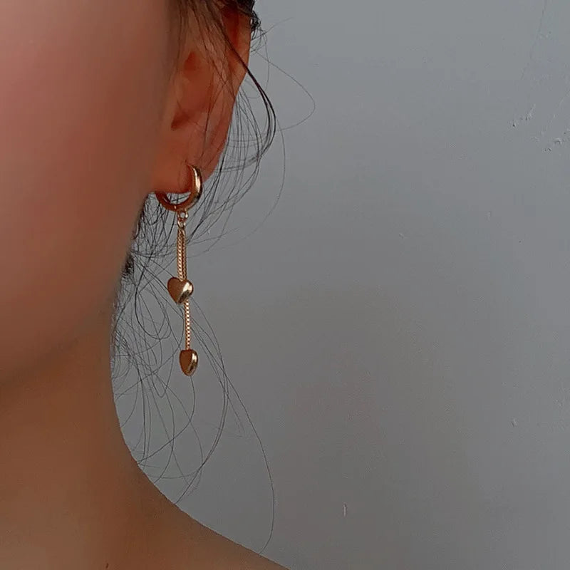 925 Sterling Silver Long Tassel two Heart Hoop Earrings. - YeYesJewelryDesign