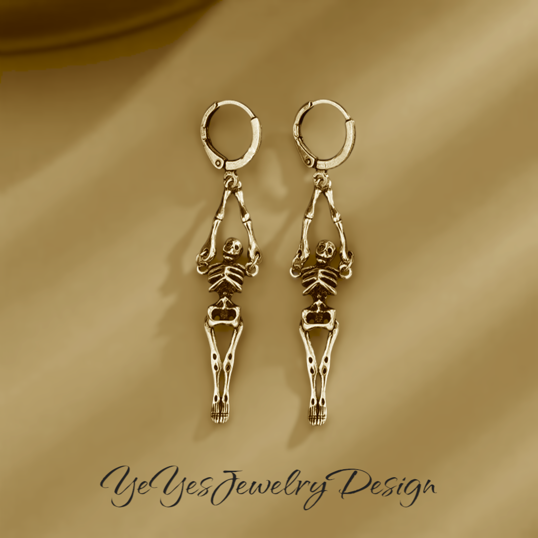 925 Sterling Silver Skeleton Skull Long Hoop Earrings. - YeYesJewelryDesign
