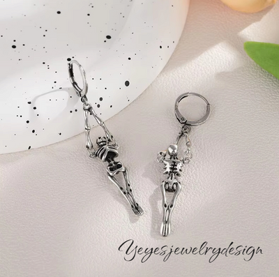 925 Sterling Silver Skeleton Skull Long Hoop Earrings. - YeYesJewelryDesign