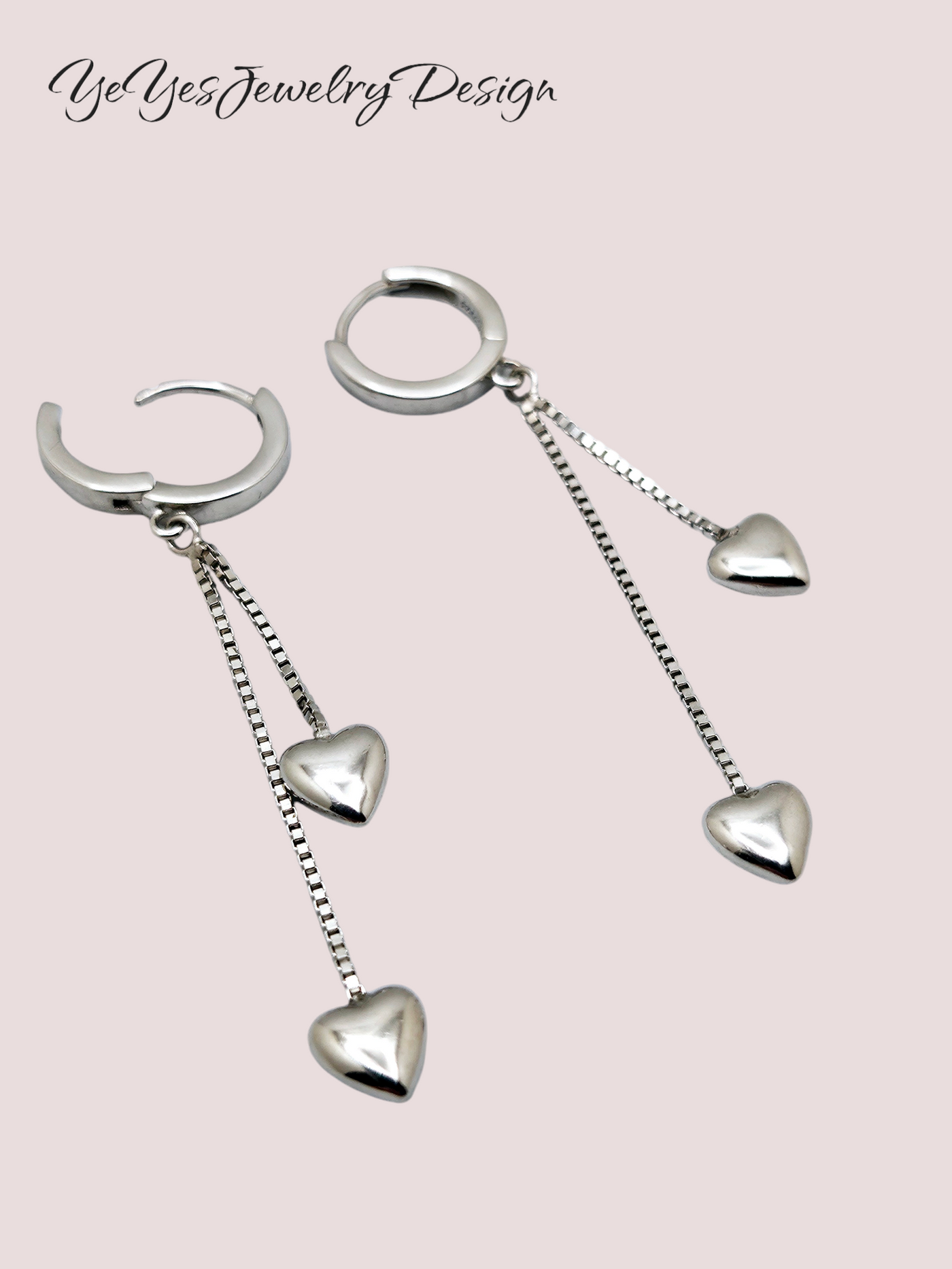 925 Sterling Silver Long Tassel two Heart Hoop Earrings. - YeYesJewelryDesign