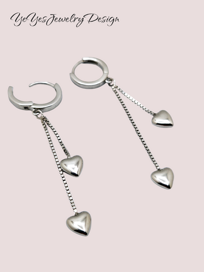925 Sterling Silver Long Tassel two Heart Hoop Earrings. - YeYesJewelryDesign