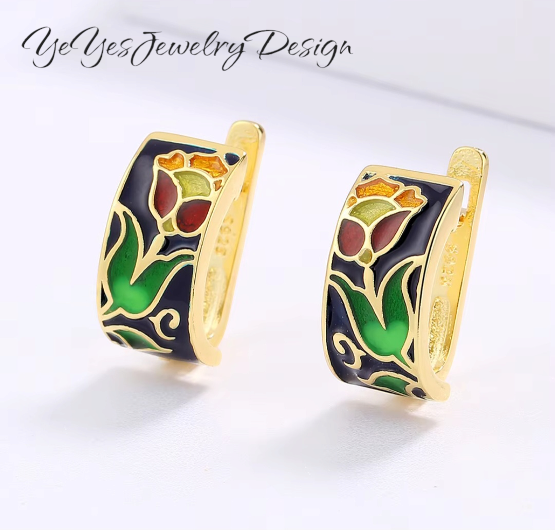 925 Sterling Silver Enamel Drip Oil Leaves Stud Earrings. - YeYesJewelryDesign