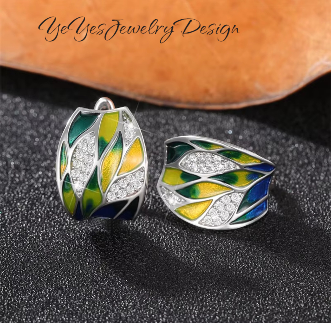 925 Sterling Silver Enamel Drip Oil Leaves Stud Earrings. - YeYesJewelryDesign