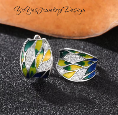 925 Sterling Silver Enamel Drip Oil Leaves Stud Earrings. - YeYesJewelryDesign