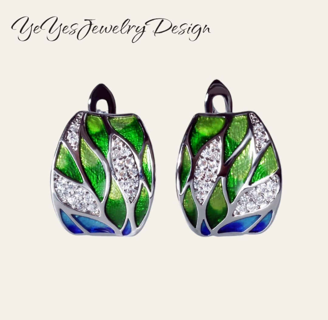 925 Sterling Silver Enamel Drip Oil Leaves Stud Earrings. - YeYesJewelryDesign