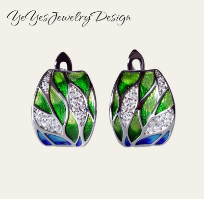 925 Sterling Silver Enamel Drip Oil Leaves Stud Earrings. - YeYesJewelryDesign