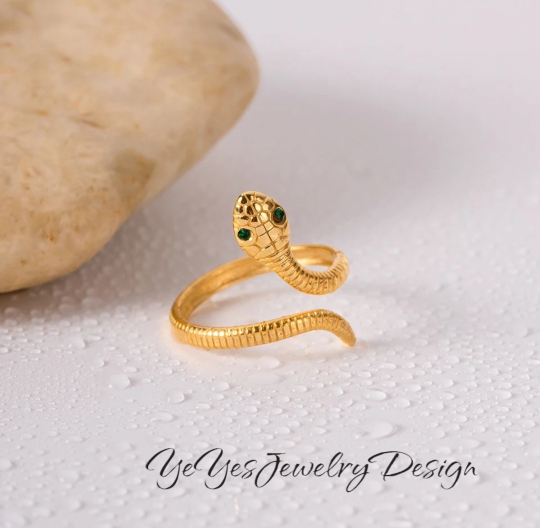 Stainless Steel Heart Waterproof Hypoallergenic PVD 18K Gold Plated Snake open Ring. - YeYesJewelryDesign