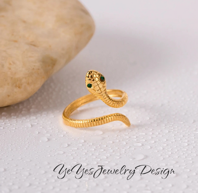 Stainless Steel Heart Waterproof Hypoallergenic PVD 18K Gold Plated Snake open Ring. - YeYesJewelryDesign