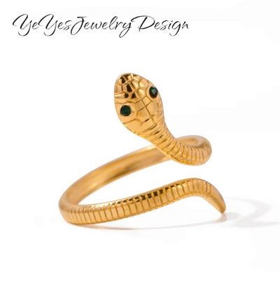 Stainless Steel Heart Waterproof Hypoallergenic PVD 18K Gold Plated Snake open Ring. - YeYesJewelryDesign