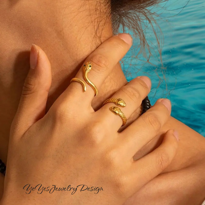 Stainless Steel Heart Waterproof Hypoallergenic PVD 18K Gold Plated Snake open Ring. - YeYesJewelryDesign