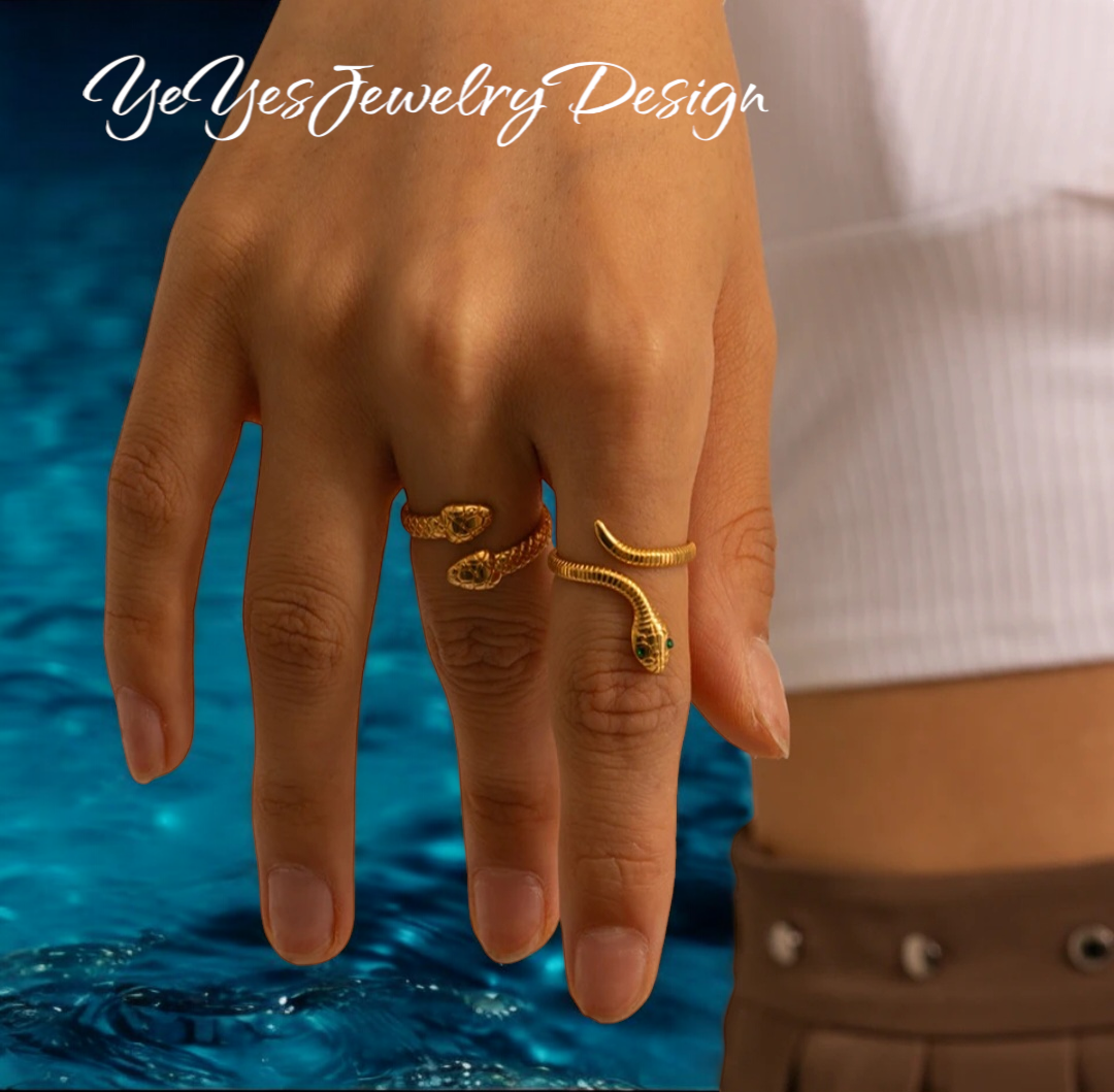 Stainless Steel Heart Waterproof Hypoallergenic PVD 18K Gold Plated Snake open Ring. - YeYesJewelryDesign