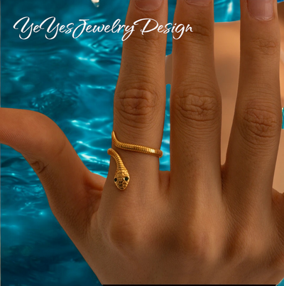 Stainless Steel Heart Waterproof Hypoallergenic PVD 18K Gold Plated Snake open Ring. - YeYesJewelryDesign