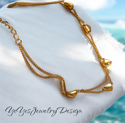 Chic Gold Stainless Steel Waterproof Hypoallergenic Heart Double Layer PVD 18k Gold Plated Ankle Bracelet . - YeYesJewelryDesign