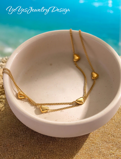 Chic Gold Stainless Steel Waterproof Hypoallergenic Heart Double Layer PVD 18k Gold Plated Ankle Bracelet . - YeYesJewelryDesign