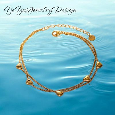 Chic Gold Stainless Steel Waterproof Hypoallergenic Heart Double Layer PVD 18k Gold Plated Ankle Bracelet . - YeYesJewelryDesign