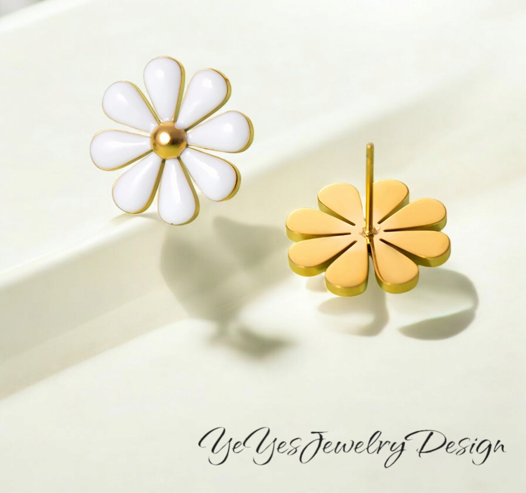 Stainless Steel and Enamel Waterproof and Hypoallergenic Daisy PVD 18k Gold Plates Stud Earrings. - YeYesJewelryDesign