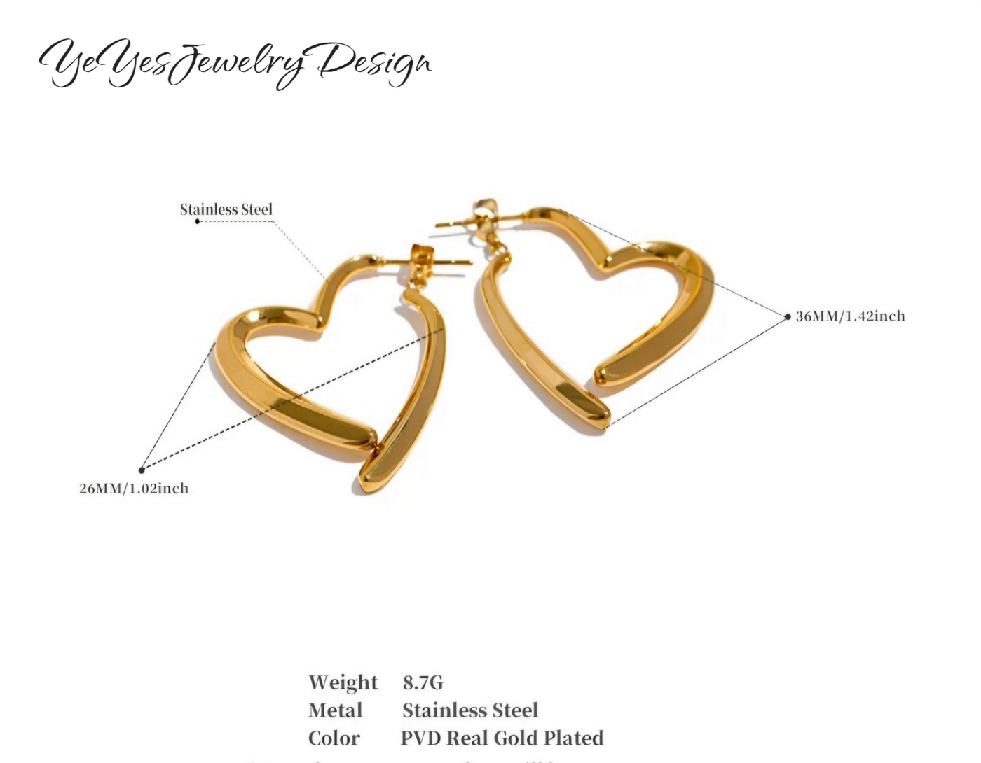 Gold Plated Hypoallergenic  Stainless Steel Waterproof Removable Hypoallergenic Heart Minimalist PVD 18K Gold Plated Hoop Earrings. - YeYesJewelryDesign