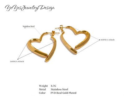Gold Plated Hypoallergenic  Stainless Steel Waterproof Removable Hypoallergenic Heart Minimalist PVD 18K Gold Plated Hoop Earrings. - YeYesJewelryDesign