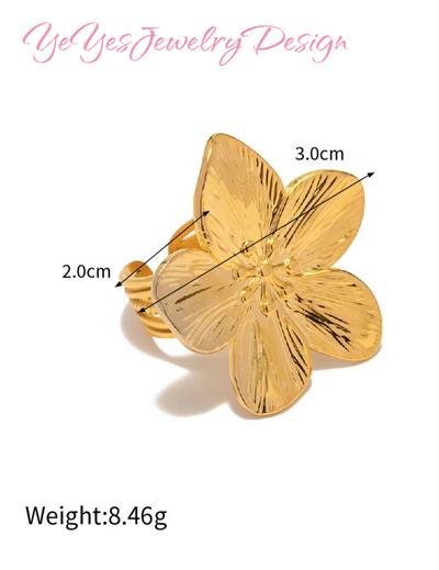 Waterproof 18k Gold-Plated Stainless-Steel Flower Adjustable Ring. - YeYesJewelryDesign