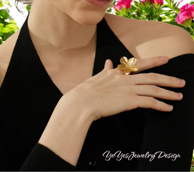 Waterproof 18k Gold-Plated Stainless-Steel Flower Adjustable Ring. - YeYesJewelryDesign