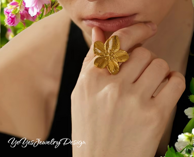 Waterproof 18k Gold-Plated Stainless-Steel Flower Adjustable Ring. - YeYesJewelryDesign
