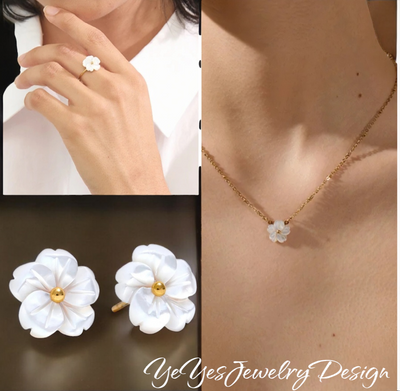 Stainless Steel Waterproof Natural Shell flower Earrings, Necklace, and Adjustable Ring Set. - YeYesJewelryDesign