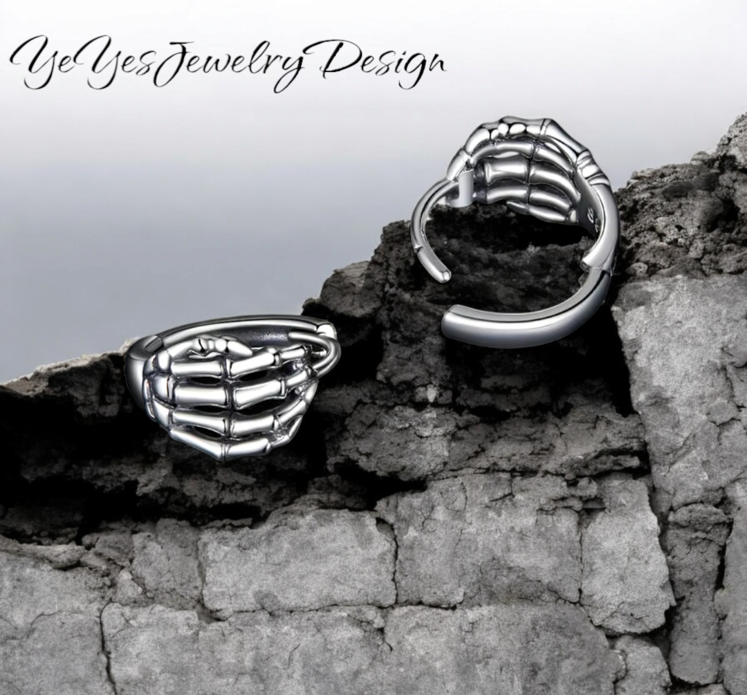 925 Sterling Silver small Skeleton Hand Hoop Earrings. - YeYesJewelryDesign