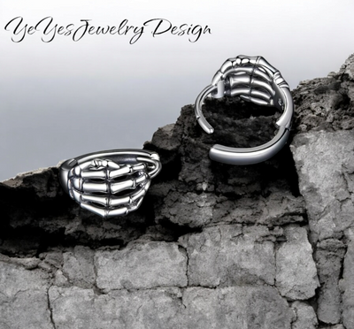 925 Sterling Silver small Skeleton Hand Hoop Earrings. - YeYesJewelryDesign