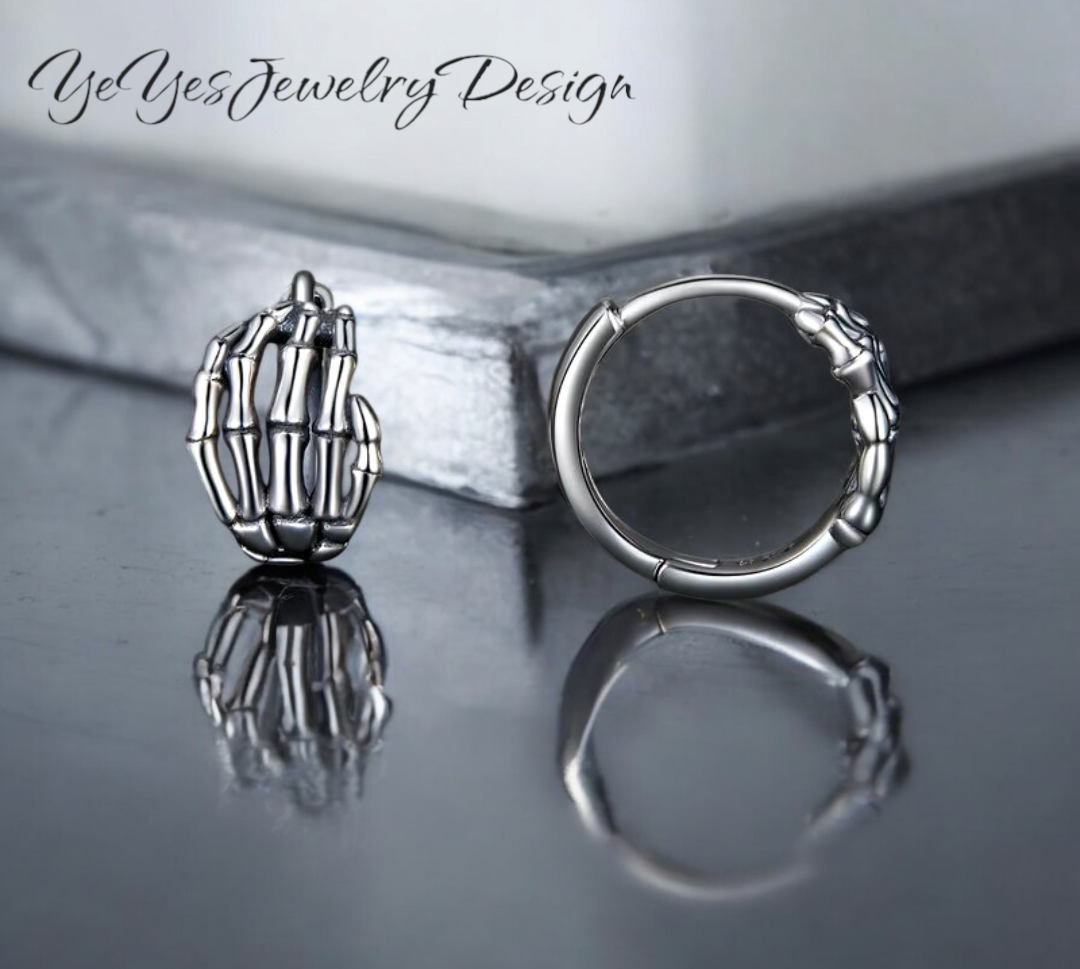 925 Sterling Silver small Skeleton Hand Hoop Earrings. - YeYesJewelryDesign