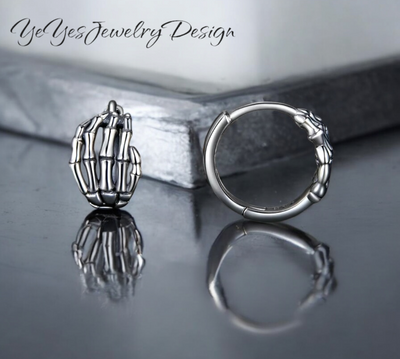 925 Sterling Silver small Skeleton Hand Hoop Earrings. - YeYesJewelryDesign