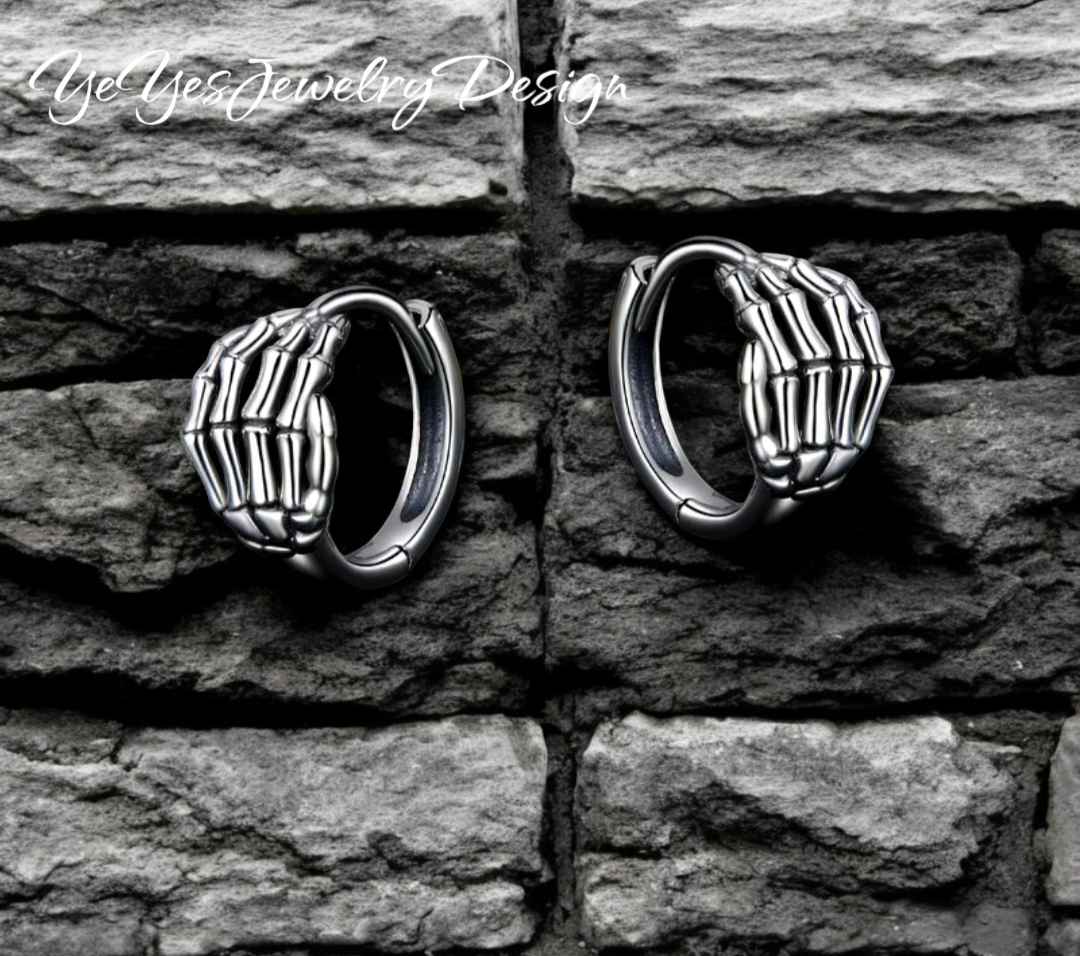 925 Sterling Silver small Skeleton Hand Hoop Earrings. - YeYesJewelryDesign