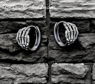 925 Sterling Silver small Skeleton Hand Hoop Earrings. - YeYesJewelryDesign