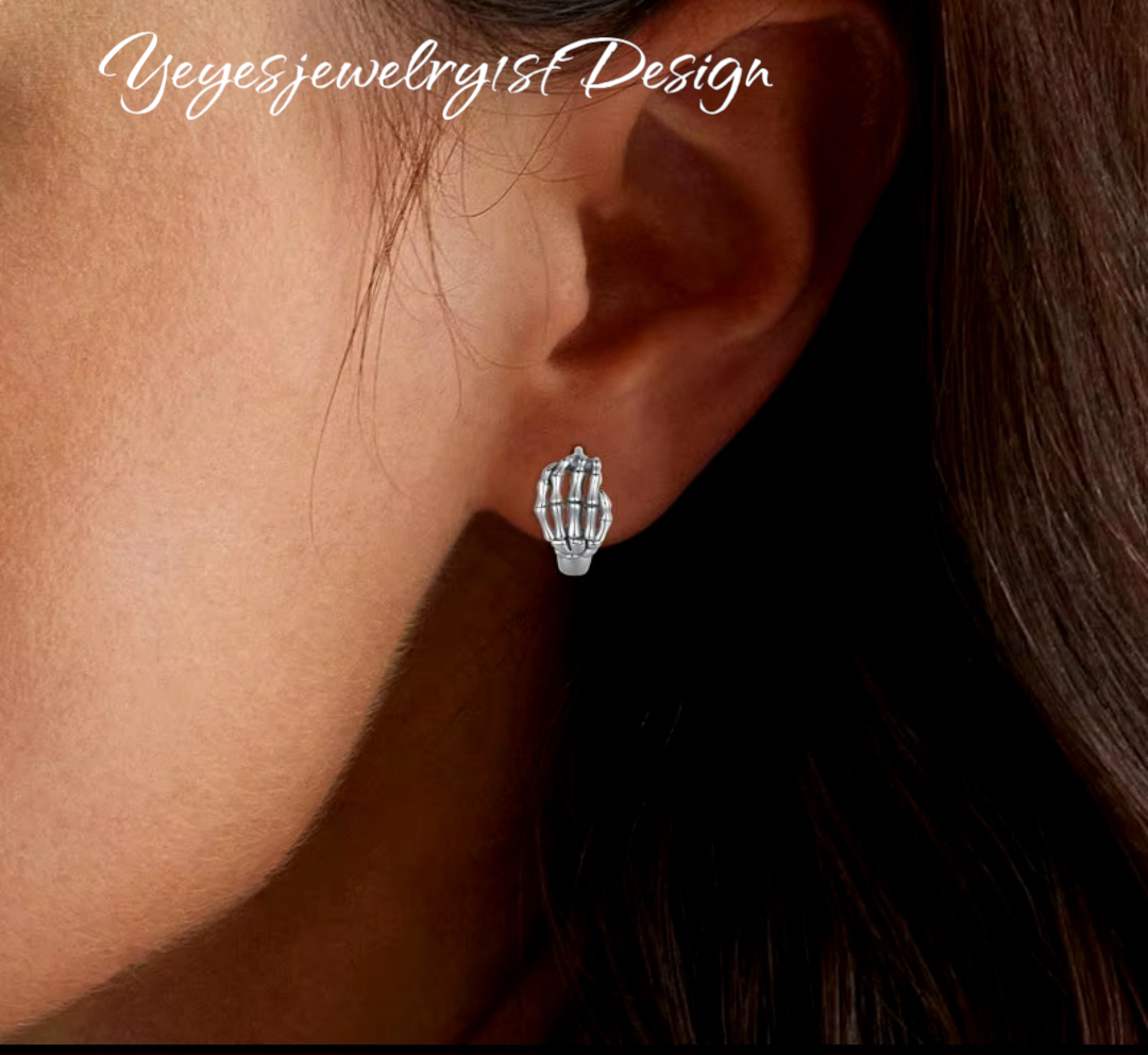 925 Sterling Silver small Skeleton Hand Hoop Earrings. - YeYesJewelryDesign