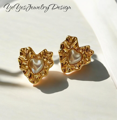 Waterproof Stainless Steel PVD 18k Gold Plated French Vintage Heart Pearl Stud Earrings. - YeYesJewelryDesign