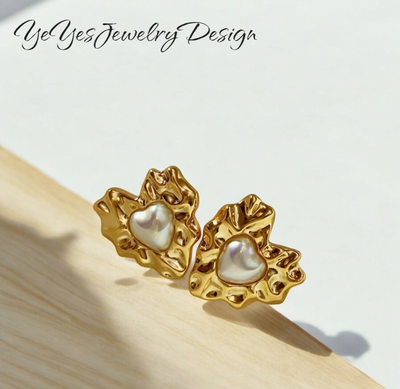 Waterproof Stainless Steel PVD 18k Gold Plated French Vintage Heart Pearl Stud Earrings. - YeYesJewelryDesign