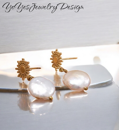 Stainless Steel Natural Freshwater Perl Dangle Sun Celestial Earrings. - YeYesJewelryDesign