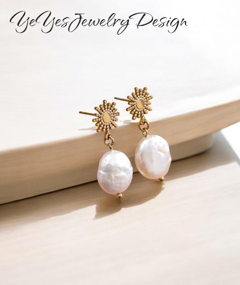 Stainless Steel Natural Freshwater Perl Dangle Sun Celestial Earrings. - YeYesJewelryDesign