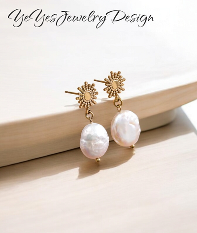 Stainless Steel Natural Freshwater Perl Dangle Sun Celestial Earrings. - YeYesJewelryDesign