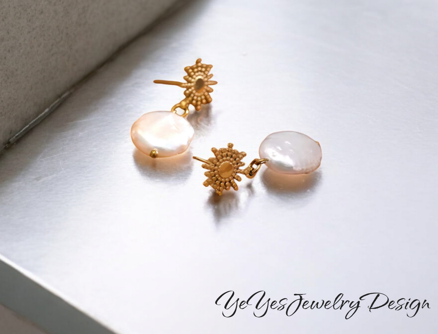 Stainless Steel Natural Freshwater Perl Dangle Sun Celestial Earrings. - YeYesJewelryDesign