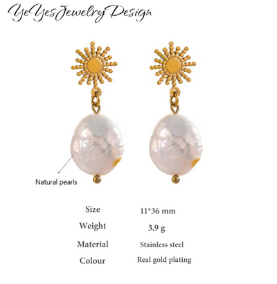 Stainless Steel Natural Freshwater Perl Dangle Sun Celestial Earrings. - YeYesJewelryDesign