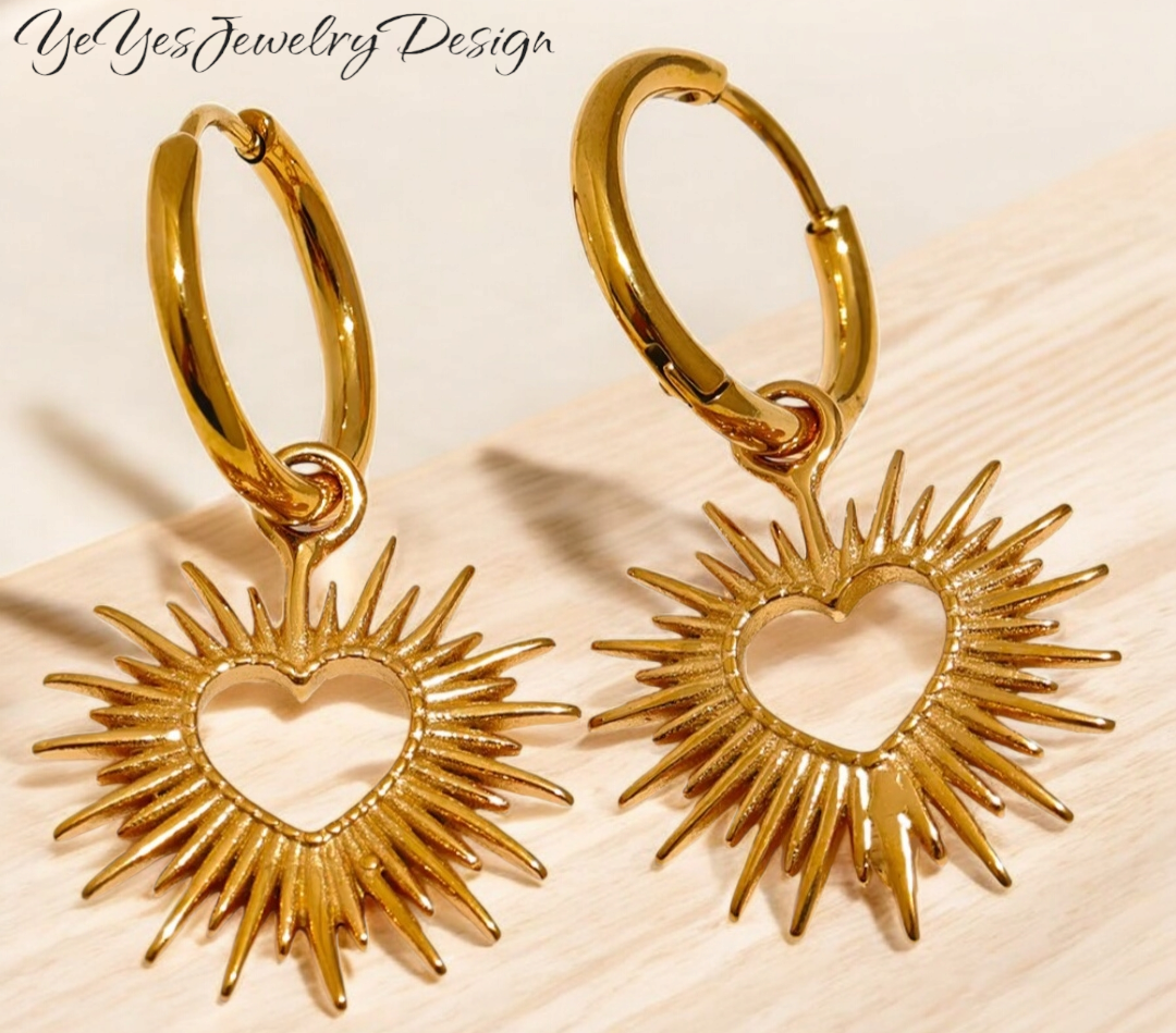 Stainless Steel Waterproof 18k PVD Gold Plated Sun Hollow Drop Hoop Earrings. - YeYesJewelryDesign