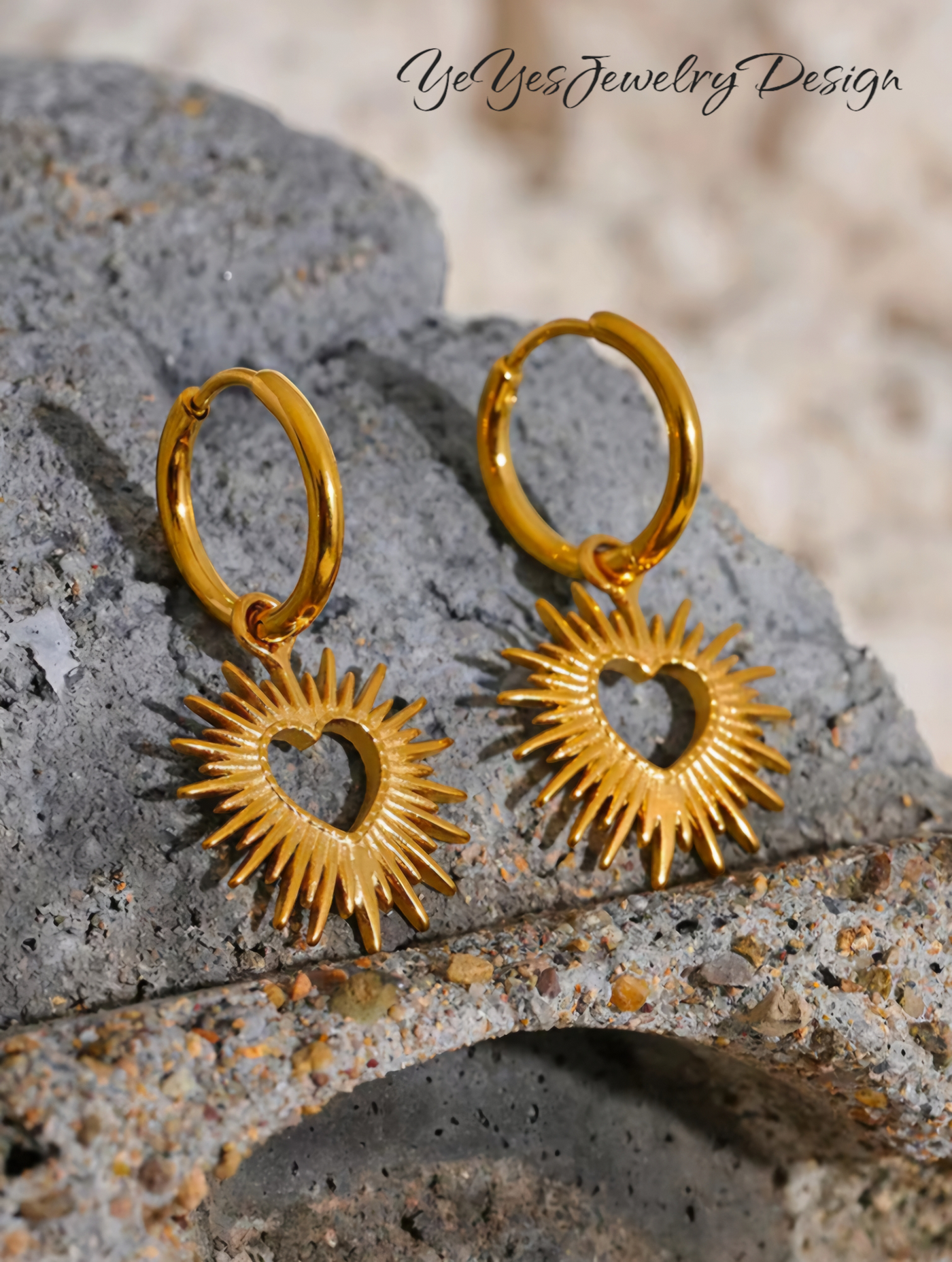 Stainless Steel Waterproof 18k PVD Gold Plated Sun Hollow Drop Hoop Earrings. - YeYesJewelryDesign