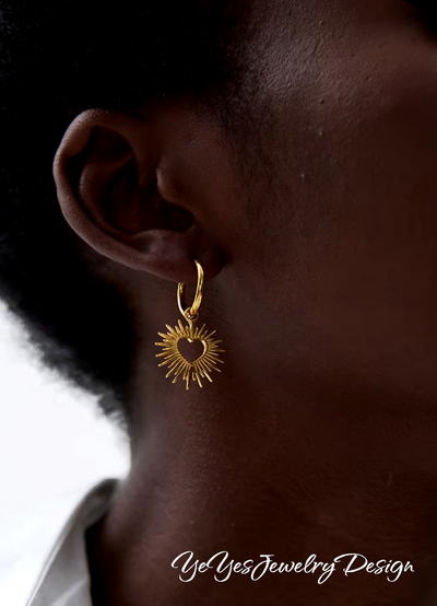 Stainless Steel Waterproof 18k PVD Gold Plated Sun Hollow Drop Hoop Earrings. - YeYesJewelryDesign