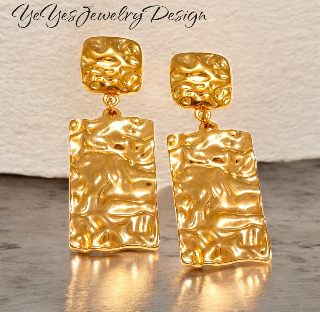 Stainless Steel Waterproof 18k PVD Gold Plated Hammer Rectangle Dangle Drop Earrings. - YeYesJewelryDesign