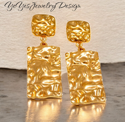Stainless Steel Waterproof 18k PVD Gold Plated Hammer Rectangle Dangle Drop Earrings. - YeYesJewelryDesign