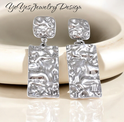 Stainless Steel Waterproof 18k PVD Gold Plated Hammer Rectangle Dangle Drop Earrings. - YeYesJewelryDesign